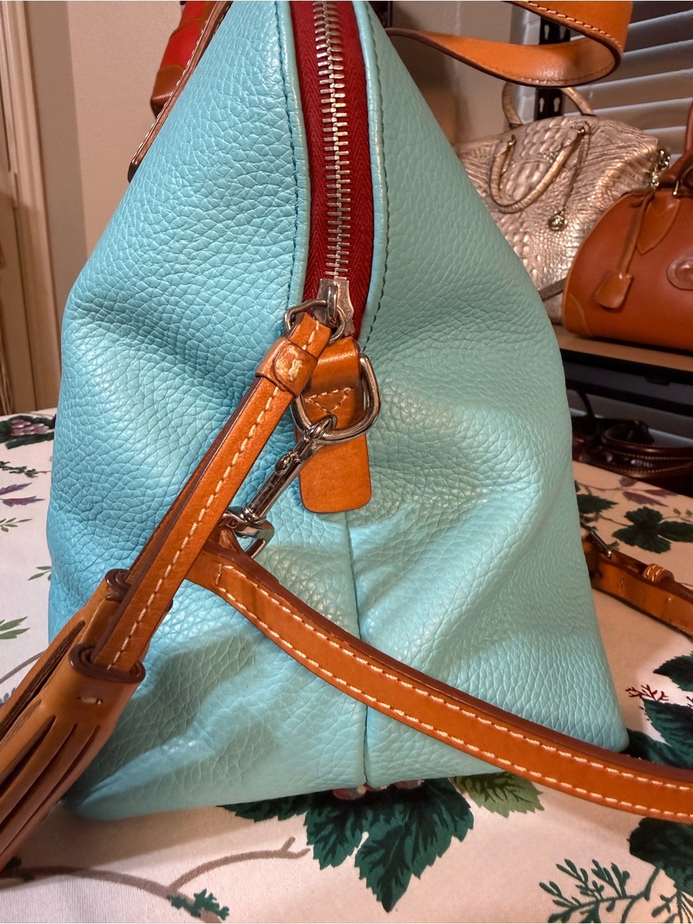 Dooney & Bourke Turquoise (Calypso) Audrey Pebbled Leather Satchel with Tan Trim - Picture 7 of 11